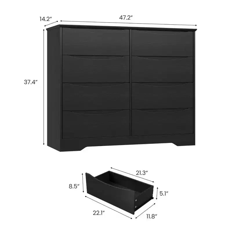 Commode en bois à 8 tiroirs – Grande commode moderne, rangement profond, plateau large pour chambre à coucher, salon, couloir, chambre d'enfant