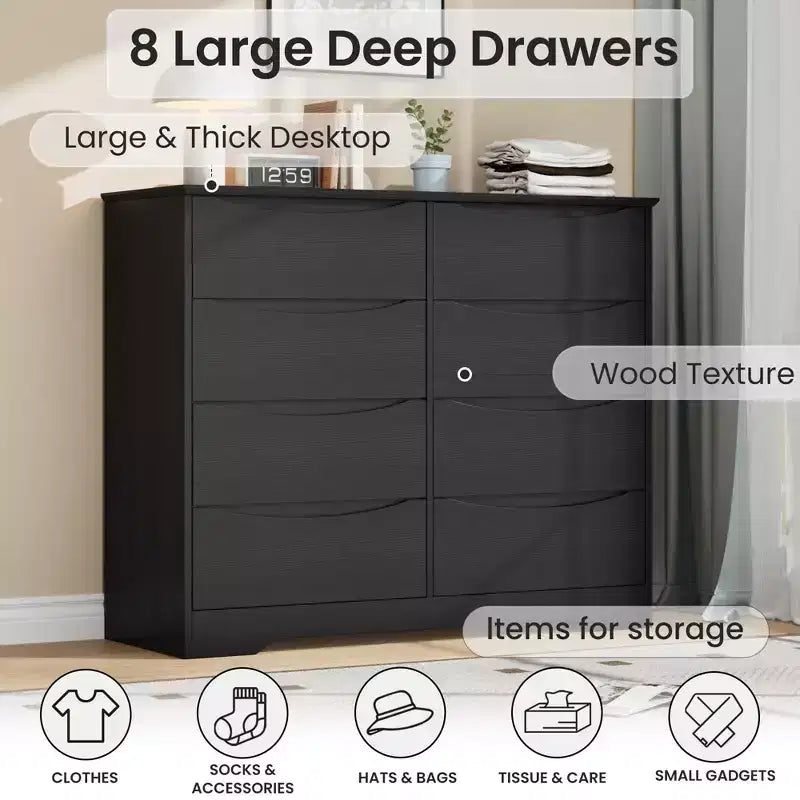 Commode en bois à 8 tiroirs – Grande commode moderne, rangement profond, plateau large pour chambre à coucher, salon, couloir, chambre d'enfant