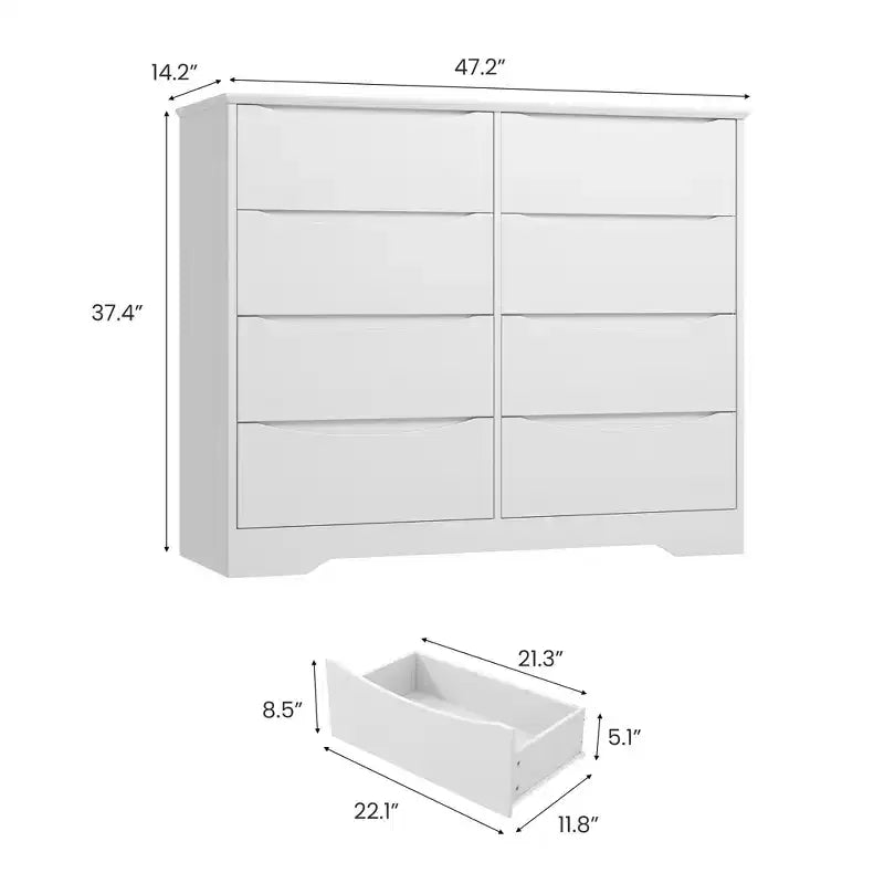 Commode en bois à 8 tiroirs – Grande commode moderne, rangement profond, plateau large pour chambre à coucher, salon, couloir, chambre d'enfant