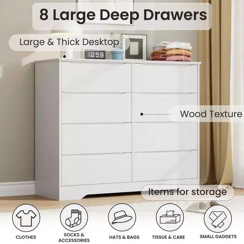 Commode en bois à 8 tiroirs – Grande commode moderne, rangement profond, plateau large pour chambre à coucher, salon, couloir, chambre d'enfant