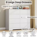 Commode en bois à 8 tiroirs – Grande commode moderne, rangement profond, plateau large pour chambre à coucher, salon, couloir, chambre d'enfant