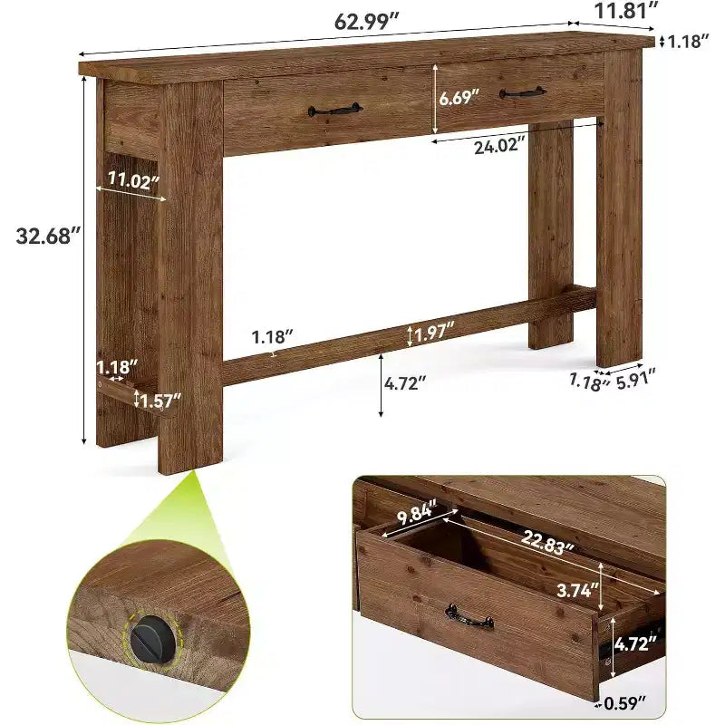 Console en bois massif Lantine de 63 pouces, table d'entrée de style rustique avec 2 tiroirs pour couloir, salon, hall d'entrée, derrière le canapé, table console étroite