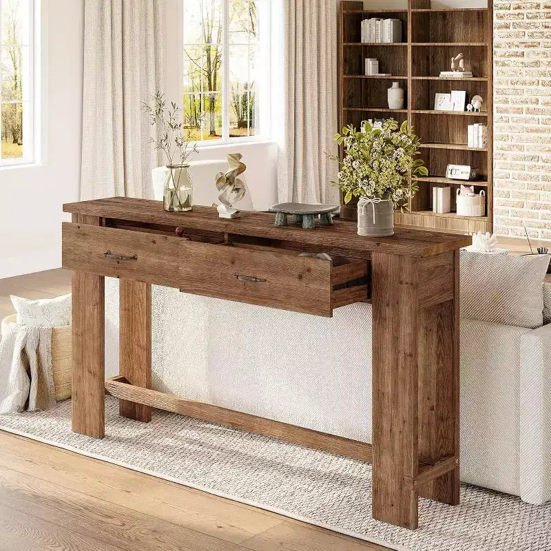 Console en bois massif Lantine de 63 pouces, table d'entrée de style rustique avec 2 tiroirs pour couloir, salon, hall d'entrée, derrière le canapé, table console étroite