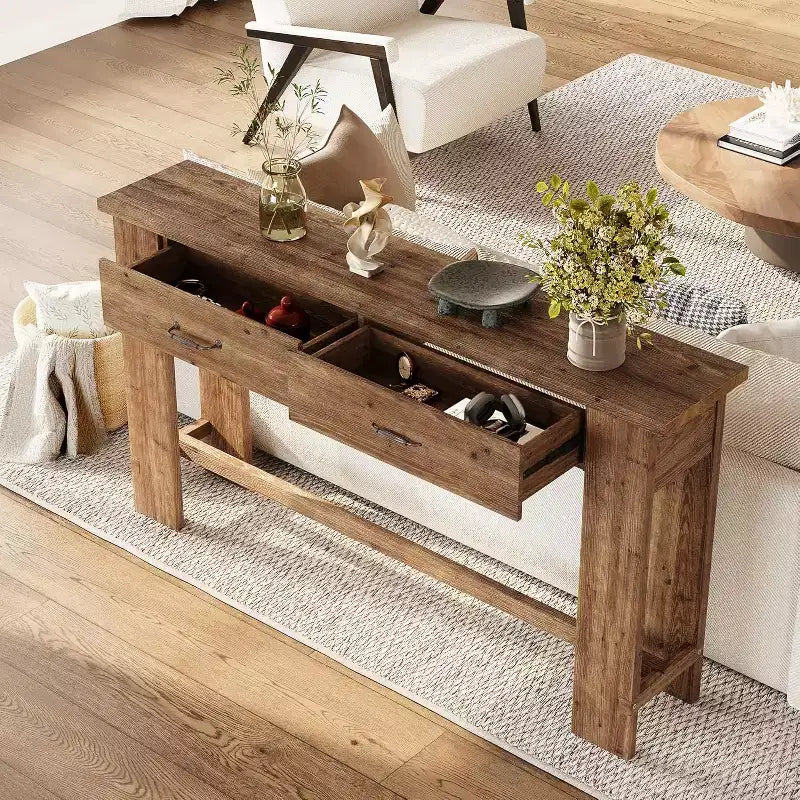 Console en bois massif Lantine de 63 pouces, table d'entrée de style rustique avec 2 tiroirs pour couloir, salon, hall d'entrée, derrière le canapé, table console étroite
