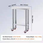 Table de travail en acier inoxydable 12 x 24 x 34 pouces avec 4 roulettes, capacité de charge de 700 livres, 3 niveaux de hauteur réglables