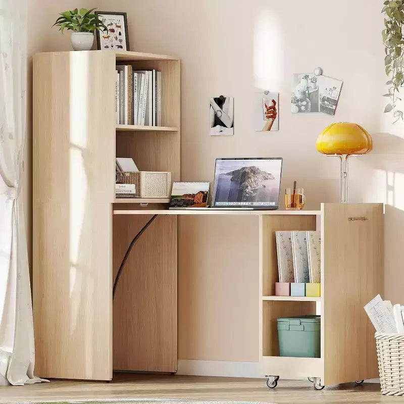 MooxvMoo Bureau Extensible avec Étagères de Rangement et Roulettes Mobiles, Table d'Ordinateur Pliable pour Petits Appartements et Bureaux à Domicile, Burlywood