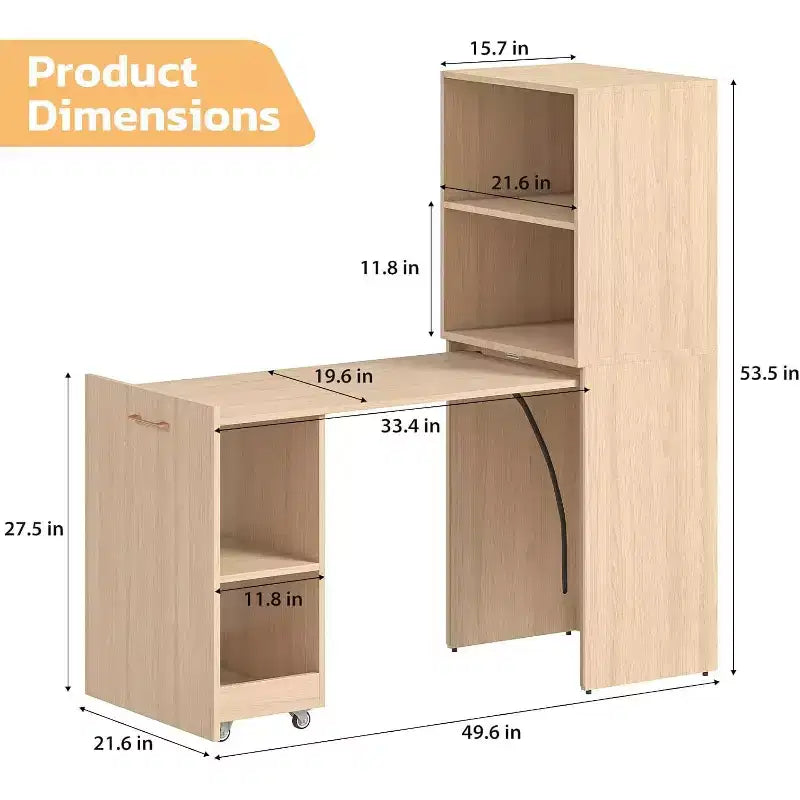 MooxvMoo Bureau Extensible avec Étagères de Rangement et Roulettes Mobiles, Table d'Ordinateur Pliable pour Petits Appartements et Bureaux à Domicile, Burlywood