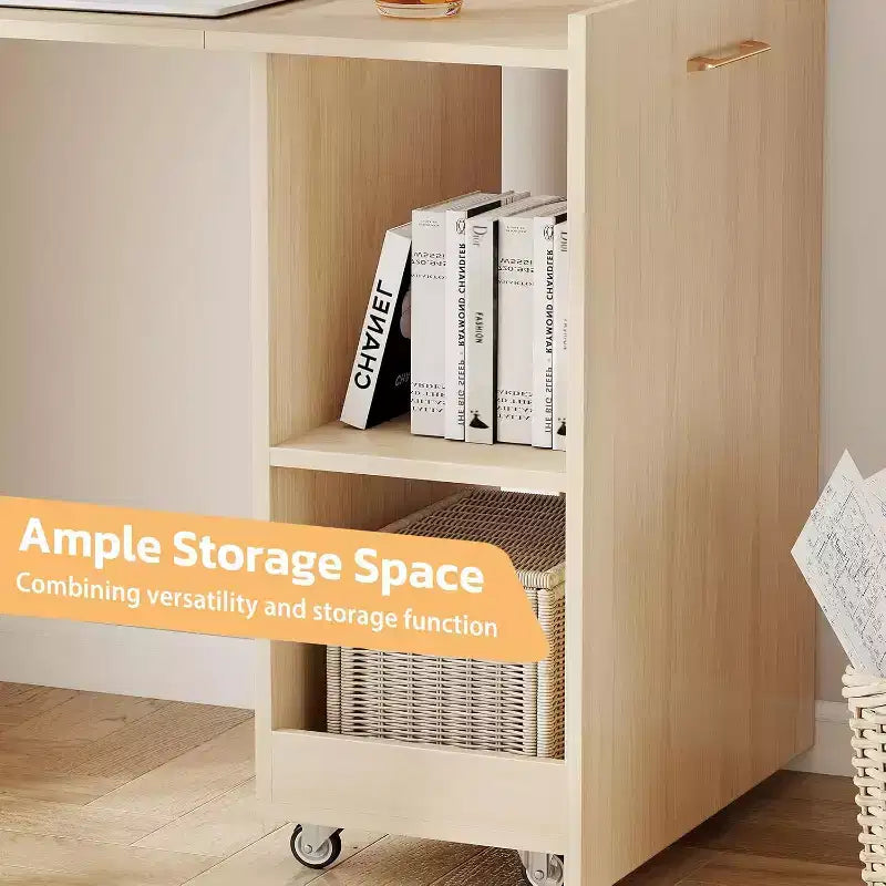 MooxvMoo Bureau Extensible avec Étagères de Rangement et Roulettes Mobiles, Table d'Ordinateur Pliable pour Petits Appartements et Bureaux à Domicile, Burlywood