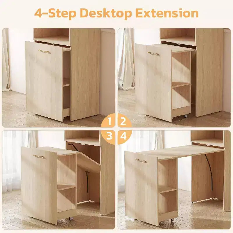 MooxvMoo Bureau Extensible avec Étagères de Rangement et Roulettes Mobiles, Table d'Ordinateur Pliable pour Petits Appartements et Bureaux à Domicile, Burlywood