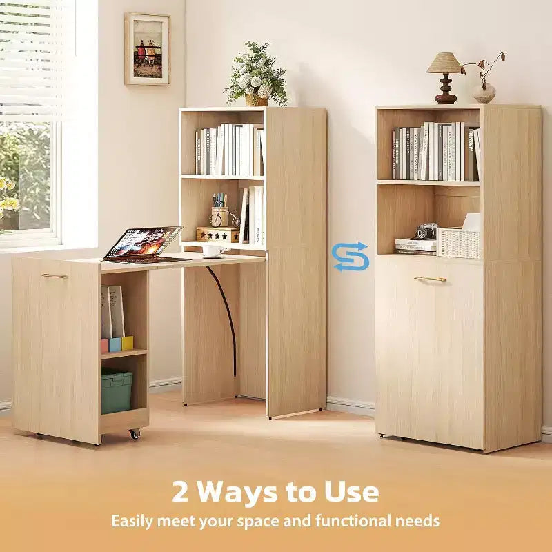 MooxvMoo Bureau Extensible avec Étagères de Rangement et Roulettes Mobiles, Table d'Ordinateur Pliable pour Petits Appartements et Bureaux à Domicile, Burlywood