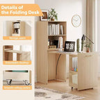 MooxvMoo Bureau Extensible avec Étagères de Rangement et Roulettes Mobiles, Table d'Ordinateur Pliable pour Petits Appartements et Bureaux à Domicile, Burlywood