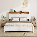 Full/Queen/King Size Platform Bed with Storage Headboard, Rustic Wood Platform Bed Frame with Charging Station, Antique White
