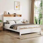 Lit plateforme grand lit/très grand lit avec tête de lit de rangement, cadre de lit plateforme en bois rustique avec station de recharge, blanc antique