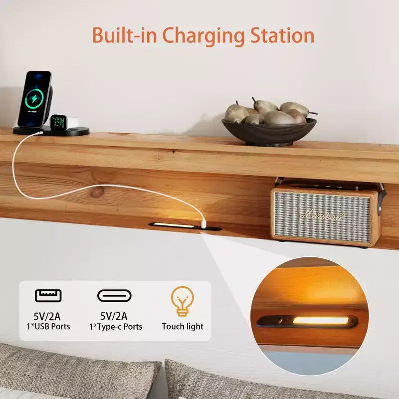 Lit plateforme grand lit/très grand lit avec tête de lit de rangement, cadre de lit plateforme en bois rustique avec station de recharge, blanc antique