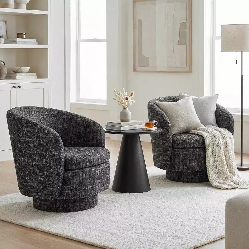 Ensemble de 3 pièces d'assise moderne avec 2 fauteuils pivotants ronds et une table d'appoint ronde à piédestal noire pour salon ou coin lecture - Panipeachy