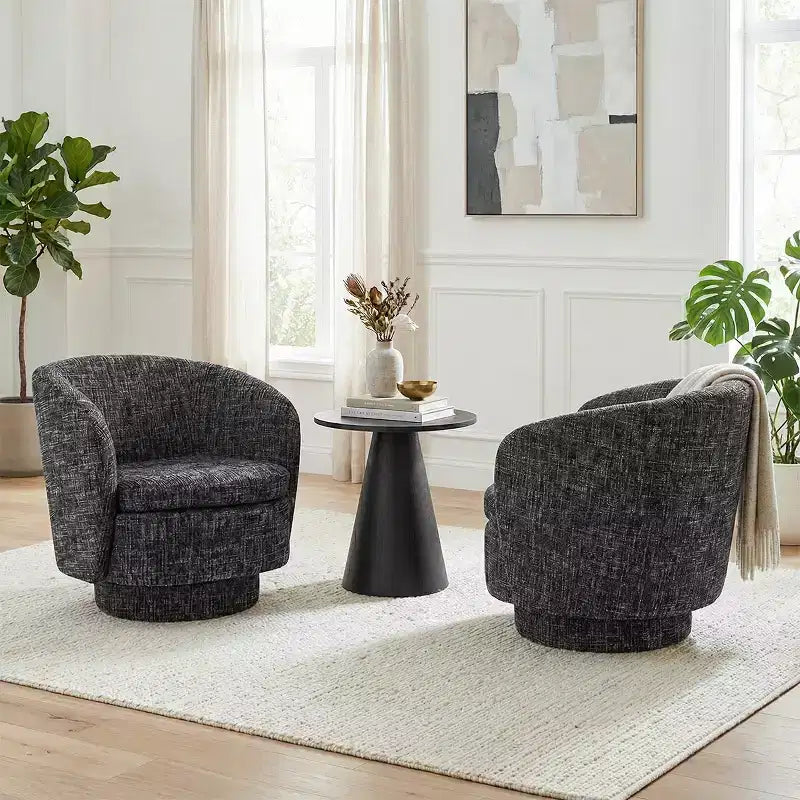 Ensemble de 3 pièces d'assise moderne avec 2 fauteuils pivotants ronds et une table d'appoint ronde à piédestal noire pour salon ou coin lecture - Panipeachy