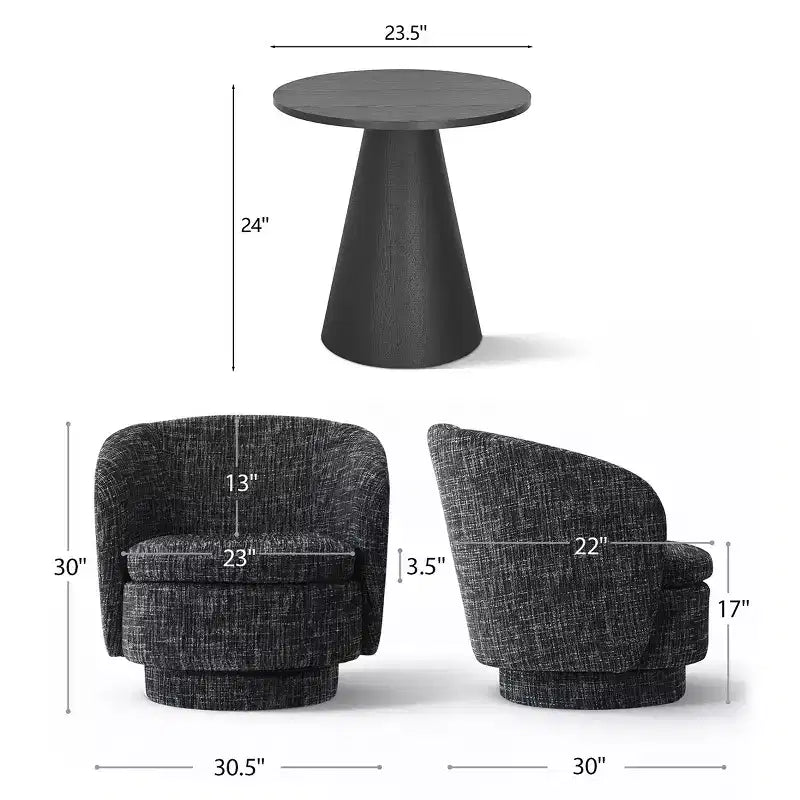 Ensemble de 3 pièces d'assise moderne avec 2 fauteuils pivotants ronds et une table d'appoint ronde à piédestal noire pour salon ou coin lecture - Panipeachy