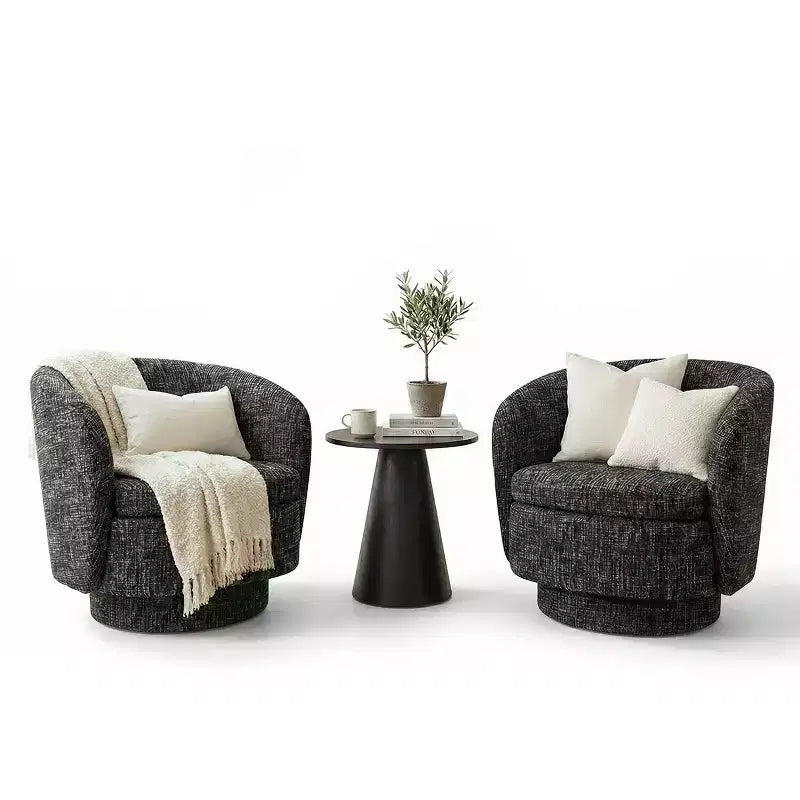 Ensemble de 3 pièces d'assise moderne avec 2 fauteuils pivotants ronds et une table d'appoint ronde à piédestal noire pour salon ou coin lecture - Panipeachy