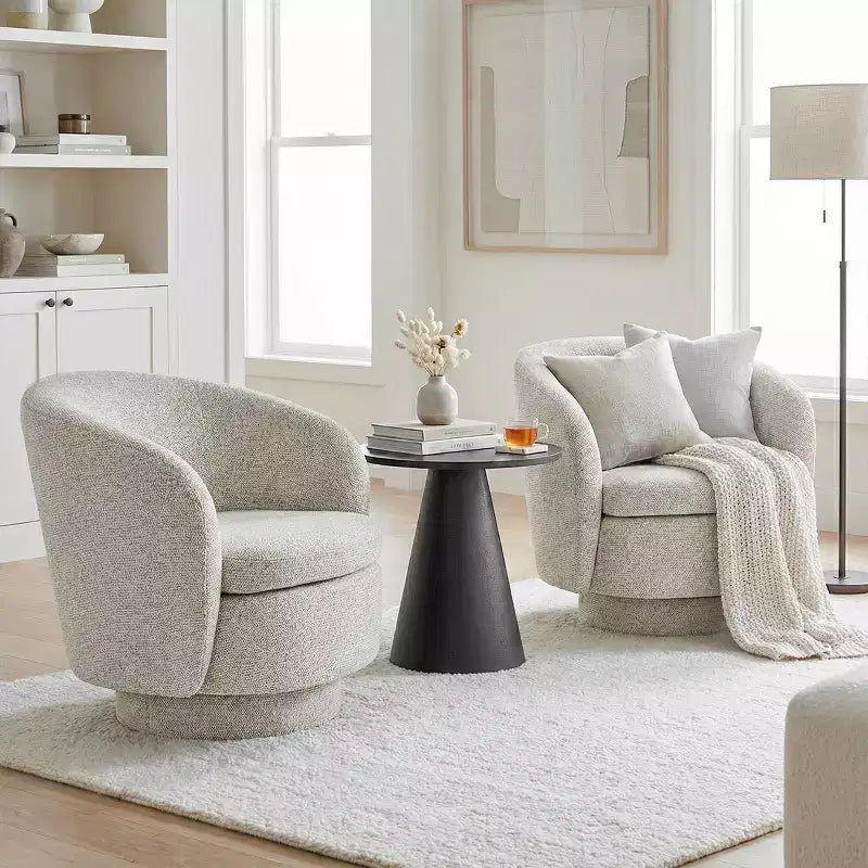 Ensemble de 3 pièces d'assise moderne avec 2 fauteuils pivotants ronds et une table d'appoint ronde à piédestal noire pour salon ou coin lecture - Panipeachy