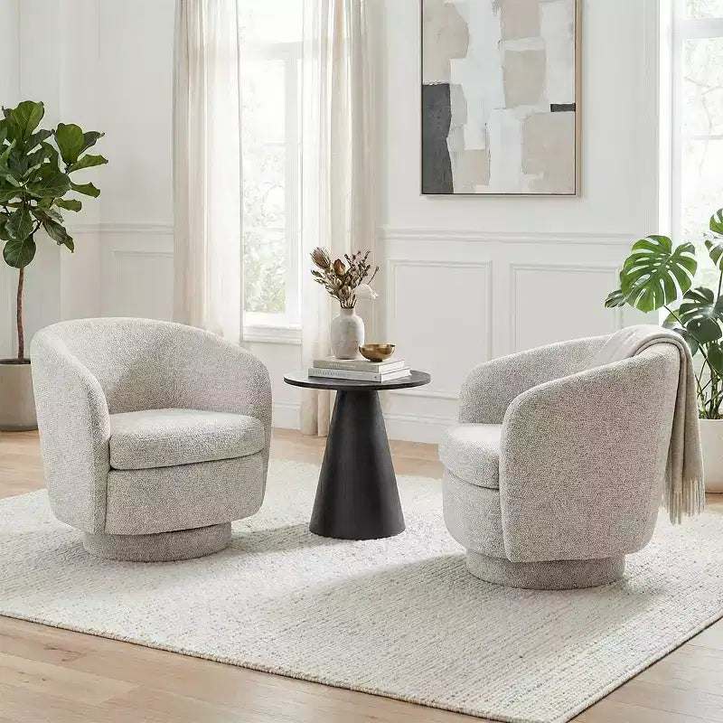 Ensemble de 3 pièces d'assise moderne avec 2 fauteuils pivotants ronds et une table d'appoint ronde à piédestal noire pour salon ou coin lecture - Panipeachy