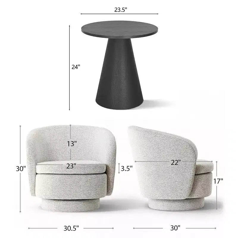 Ensemble de 3 pièces d'assise moderne avec 2 fauteuils pivotants ronds et une table d'appoint ronde à piédestal noire pour salon ou coin lecture - Panipeachy