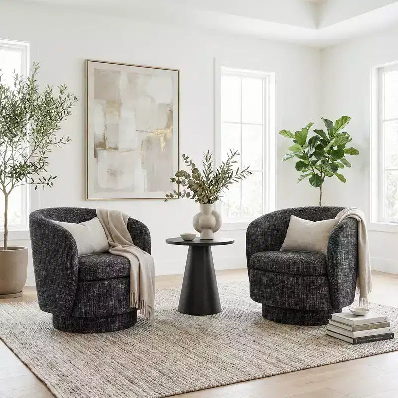 Ensemble de 3 pièces d'assise moderne avec 2 fauteuils pivotants ronds et une table d'appoint ronde à piédestal noire pour salon ou coin lecture - Panipeachy