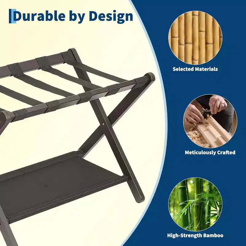 Porte-bagages pliant à 2 niveaux, support de valise en bambou avec sangles en nylon, support peu encombrant pour chambre d'amis supportant jusqu'à 50 kg