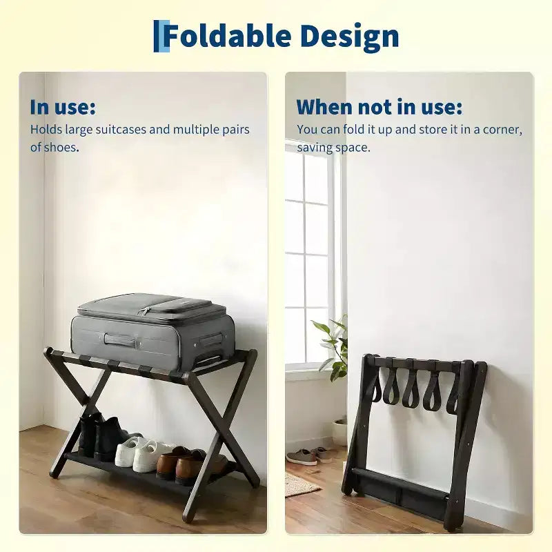 Porte-bagages pliant à 2 niveaux, support de valise en bambou avec sangles en nylon, support peu encombrant pour chambre d'amis supportant jusqu'à 50 kg