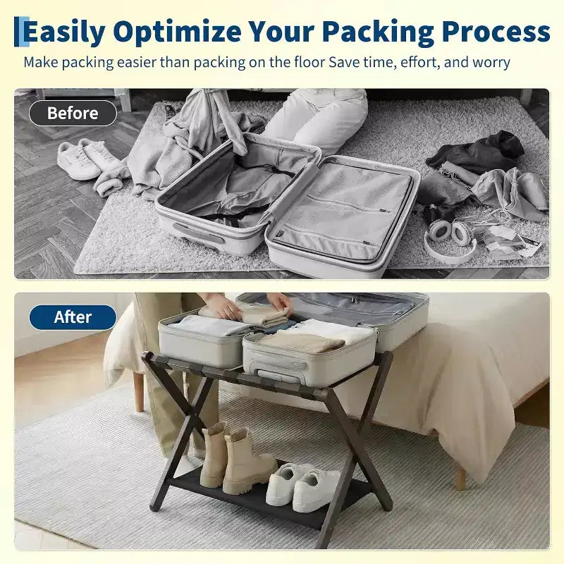 Porte-bagages pliant à 2 niveaux, support de valise en bambou avec sangles en nylon, support peu encombrant pour chambre d'amis supportant jusqu'à 50 kg