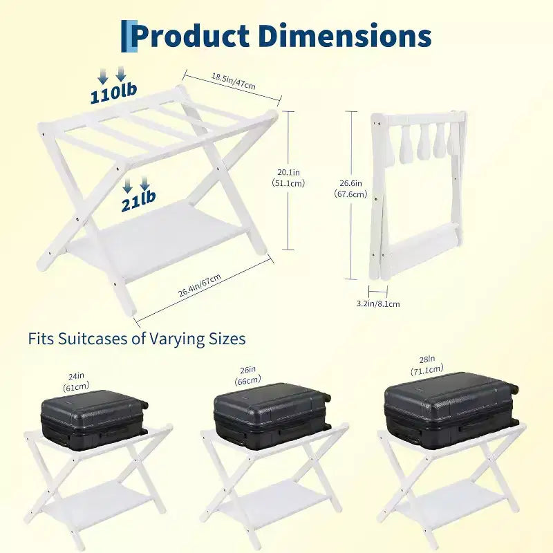 Porte-bagages pliant à 2 niveaux, support de valise en bambou avec sangles en nylon, support peu encombrant pour chambre d'amis supportant jusqu'à 50 kg