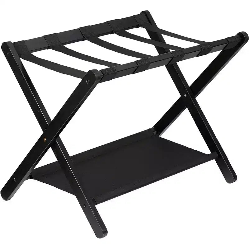 Porte-bagages pliant à 2 niveaux, support de valise en bambou avec sangles en nylon, support peu encombrant pour chambre d'amis supportant jusqu'à 50 kg