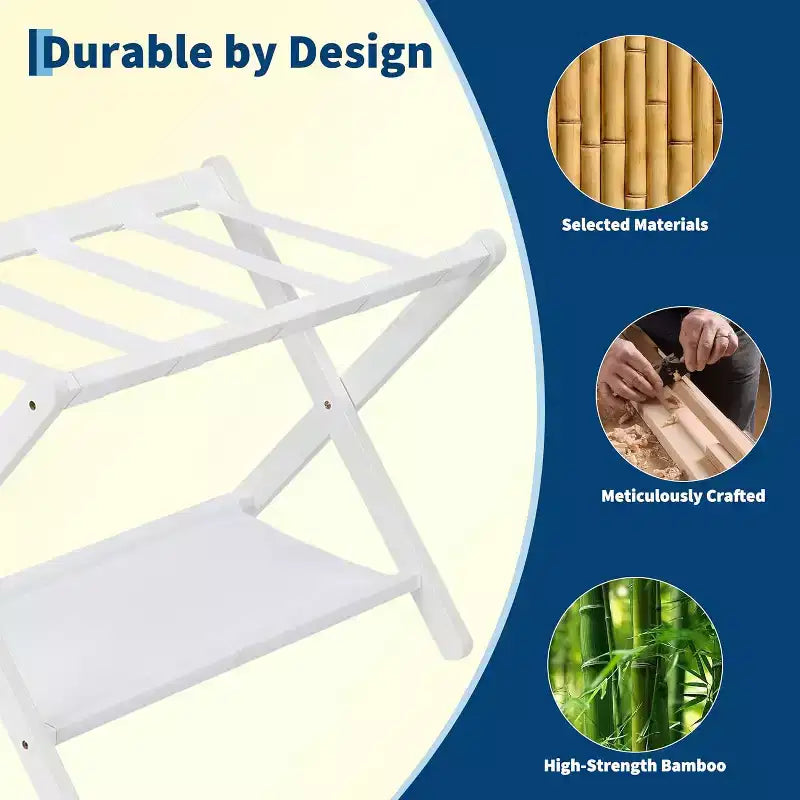 Porte-bagages pliant à 2 niveaux, support de valise en bambou avec sangles en nylon, support peu encombrant pour chambre d'amis supportant jusqu'à 50 kg
