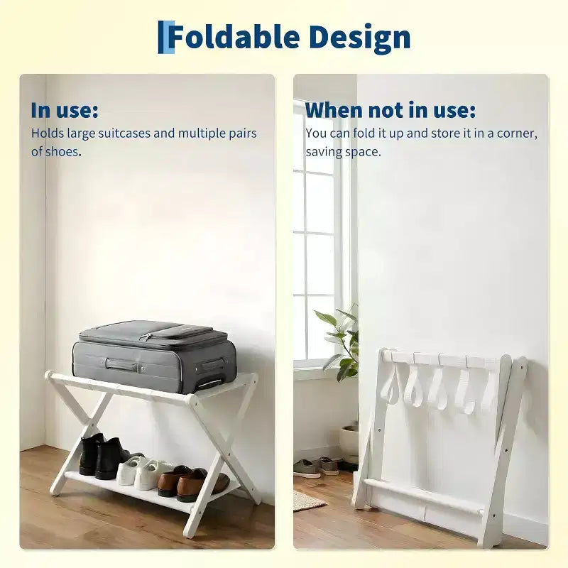 Porte-bagages pliant à 2 niveaux, support de valise en bambou avec sangles en nylon, support peu encombrant pour chambre d'amis supportant jusqu'à 50 kg