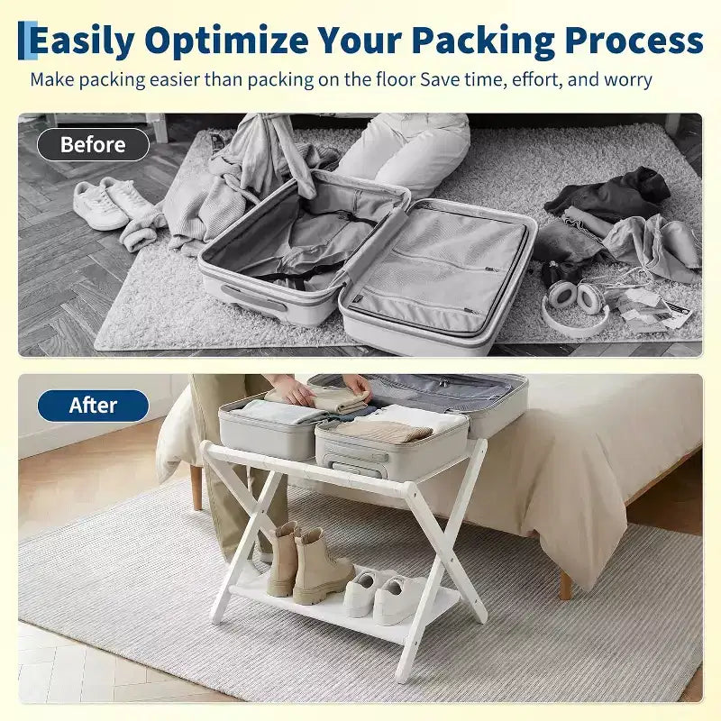 Porte-bagages pliant à 2 niveaux, support de valise en bambou avec sangles en nylon, support peu encombrant pour chambre d'amis supportant jusqu'à 50 kg