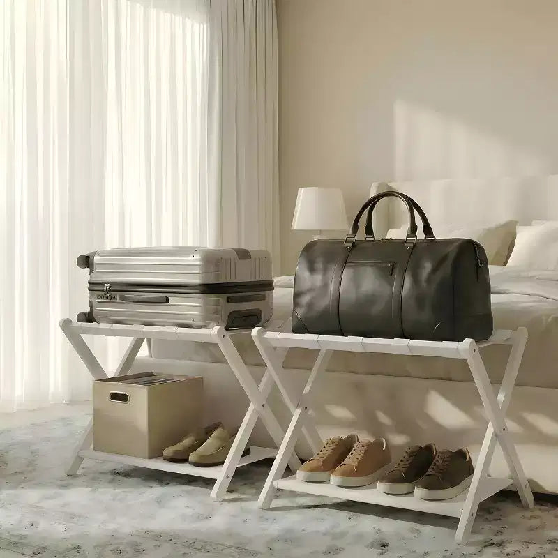 Porte-bagages pliant à 2 niveaux, support de valise en bambou avec sangles en nylon, support peu encombrant pour chambre d'amis supportant jusqu'à 50 kg