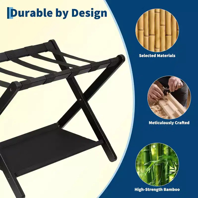 Porte-bagages pliant à 2 niveaux, support de valise en bambou avec sangles en nylon, support peu encombrant pour chambre d'amis supportant jusqu'à 50 kg