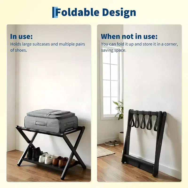 Porte-bagages pliant à 2 niveaux, support de valise en bambou avec sangles en nylon, support peu encombrant pour chambre d'amis supportant jusqu'à 50 kg