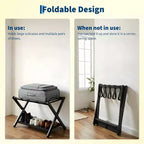 Porte-bagages pliant à 2 niveaux, support de valise en bambou avec sangles en nylon, support peu encombrant pour chambre d'amis supportant jusqu'à 50 kg