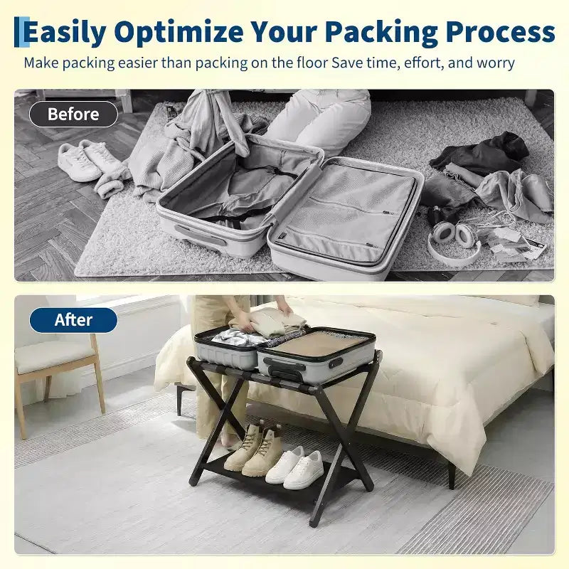 Porte-bagages pliant à 2 niveaux, support de valise en bambou avec sangles en nylon, support peu encombrant pour chambre d'amis supportant jusqu'à 50 kg
