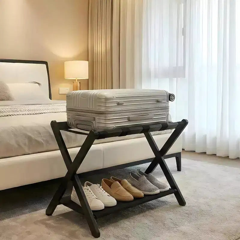 2-Tier Folding Luggage Rack, Bamboo Suitcase Stand with Nylon Straps, Space Saving Guest Room Holder Holds Up to 110 Lbs