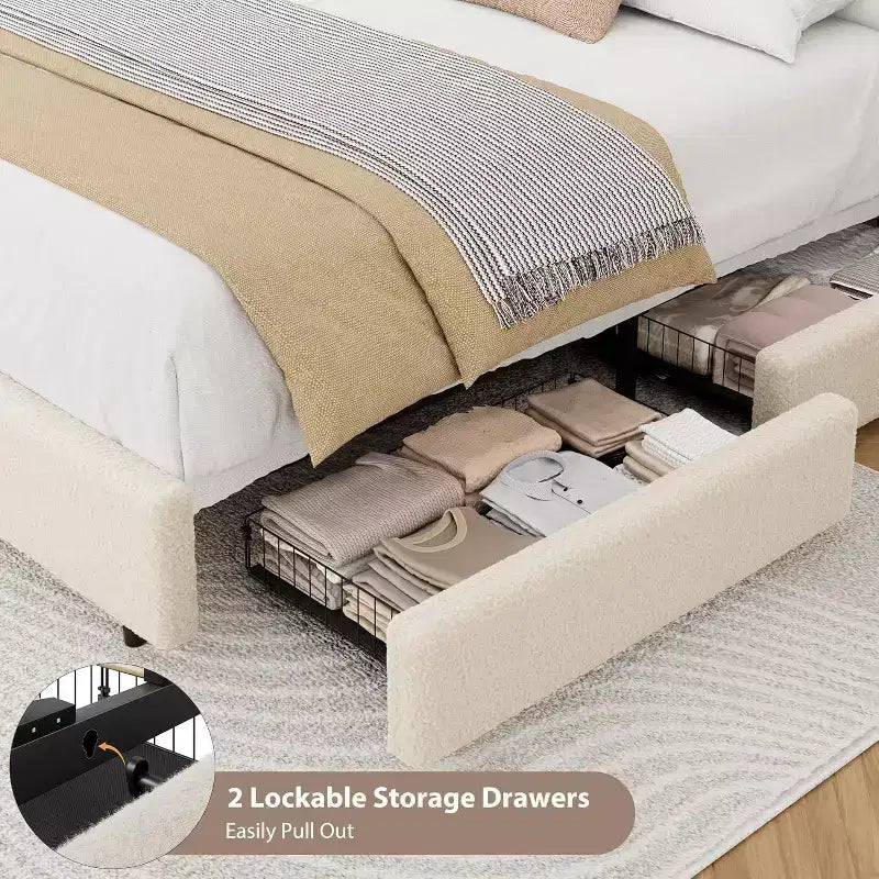 Cadre de lit double en molleton Teddy, cadre de lit Cloud Cream avec 2 tiroirs de rangement et tête de lit réglable, aucun sommier tapissier requis, crème
