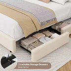 Cadre de lit double en molleton Teddy, cadre de lit Cloud Cream avec 2 tiroirs de rangement et tête de lit réglable, aucun sommier tapissier requis, crème