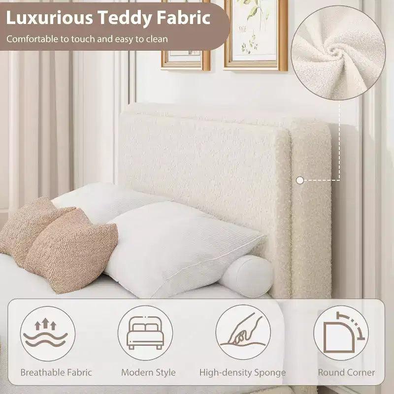 Cadre de lit double en molleton Teddy, cadre de lit Cloud Cream avec 2 tiroirs de rangement et tête de lit réglable, aucun sommier tapissier requis, crème