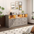 Commode moderne de 160 cm, chiffonnier en bois à 6 tiroirs avec étagères ouvertes, meuble de rangement TV pour chambre à coucher, salon, capacité de 180 kg, chêne