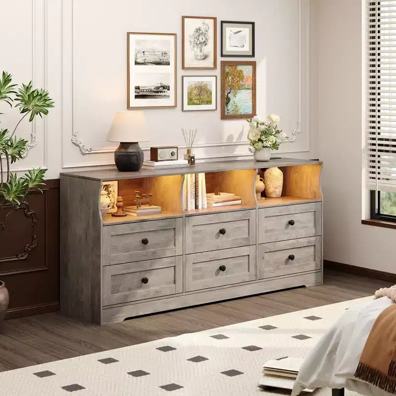 Commode moderne de 160 cm, chiffonnier en bois à 6 tiroirs avec étagères ouvertes, meuble de rangement TV pour chambre à coucher, salon, capacité de 180 kg, chêne