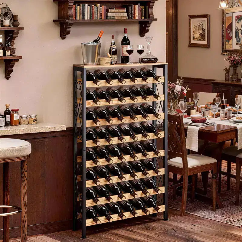 VEVOR Casier à vin 48 bouteilles, porte-bouteilles de vin en fer à 8 niveaux avec plateau en bois, étagères de rangement de vin autoportantes, Noir