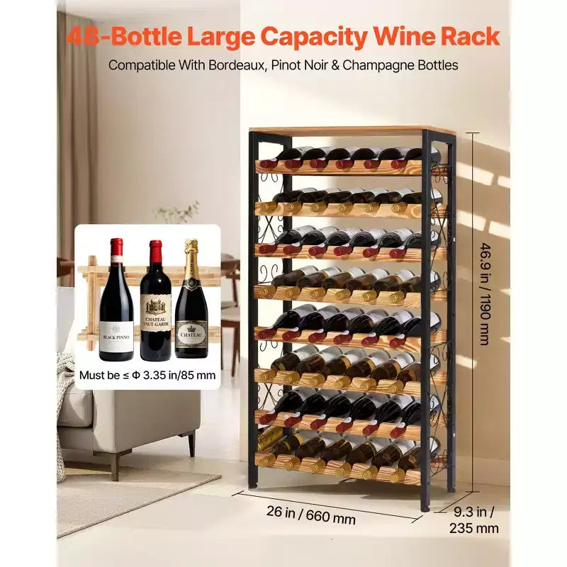 VEVOR Casier à vin 48 bouteilles, porte-bouteilles de vin en fer à 8 niveaux avec plateau en bois, étagères de rangement de vin autoportantes, Noir