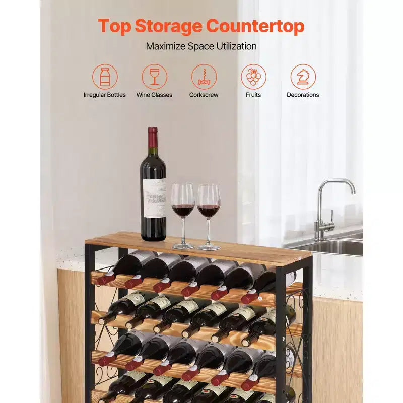 VEVOR Casier à vin 48 bouteilles, porte-bouteilles de vin en fer à 8 niveaux avec plateau en bois, étagères de rangement de vin autoportantes, Noir