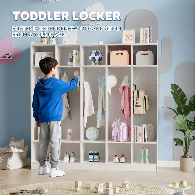Vestiaire à 5 sections avec 10 casiers et crochets - Organisateur de rangement spacieux pour enfants, salle de classe, crèche, maternelle