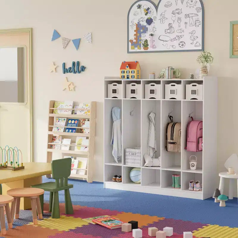 Vestiaire à 5 sections avec 10 casiers et crochets - Organisateur de rangement spacieux pour enfants, salle de classe, crèche, maternelle